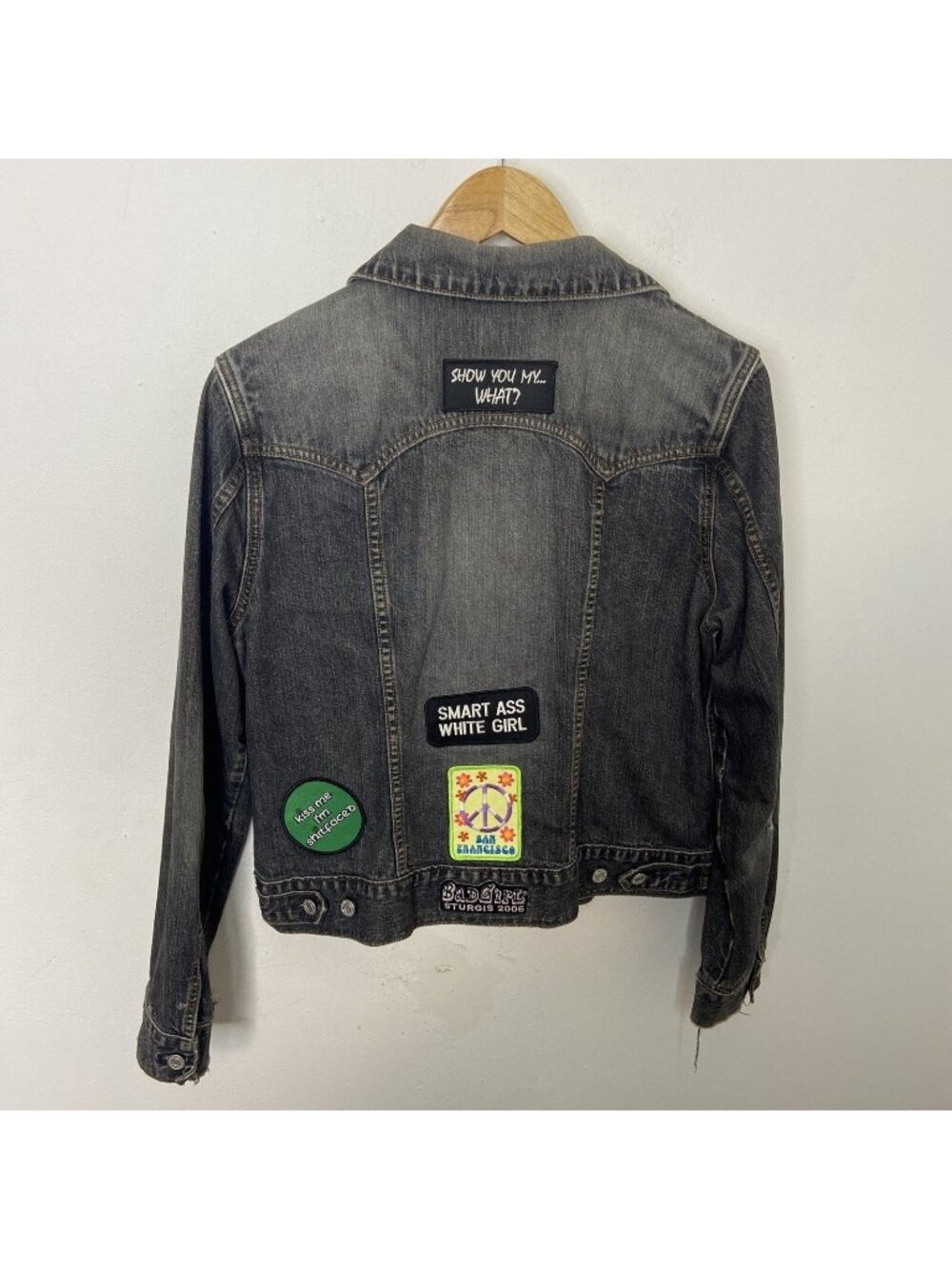 Gap Woman L Black Denim Girl Pwr Drinking Patches Jacket Irish Grunge Biker